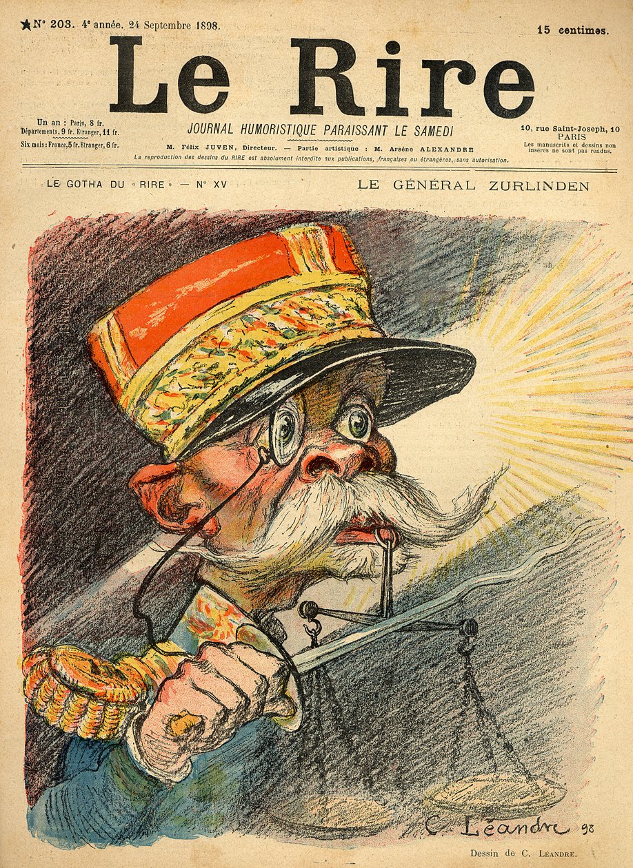 ズルリンデン将軍の風刺画（1898年9月24日付「Le Rire」の表紙より）（カラーリトグラフ版 作： チャールズ・ランドレ