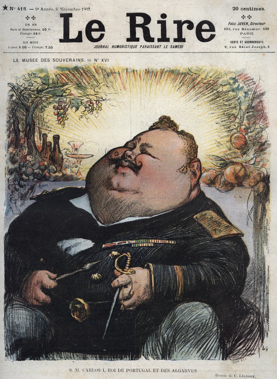 ポルトガル王チャールズ1世（1863-1908） - ポルトガルとアルガルベス諸島の王カルロス1世 - 11月8日付「The Rire」紙に掲載されたシャルル・レアンドル（1862-1934）による風刺画 作： チャールズ・ランドレ