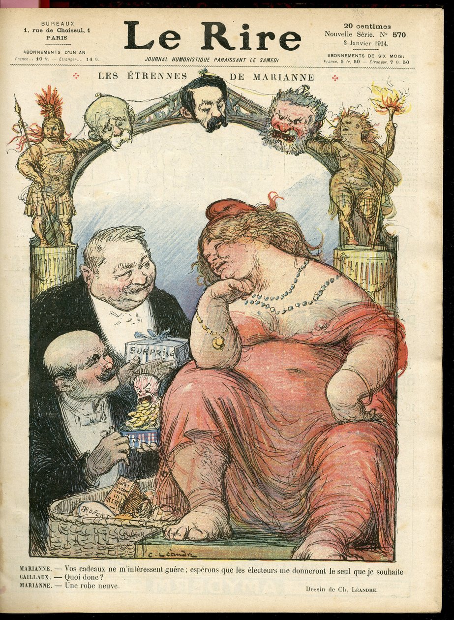シャルル・レアンドル（1862-1934）のイラストが『Le Rire』誌の表紙に掲載されました（03/01/14） - Les strennes de Marianne - Tribun - Clemenceau George, Jaures Jean, Briand Aristide, Marianne, Caillaux Joseph (1863-1944) 作： チャールズ・ランドレ