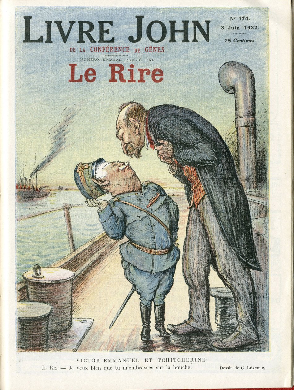 シャルル・レアンドル（1862-1934）のイラストを『Le Rire』誌の表紙に掲載（03/06/22） - イタリア, ソ連 - ヴィクトル・エマニュエル1世、グオルギー・ティッチェリン（1872-1936）。 作： チャールズ・ランドレ