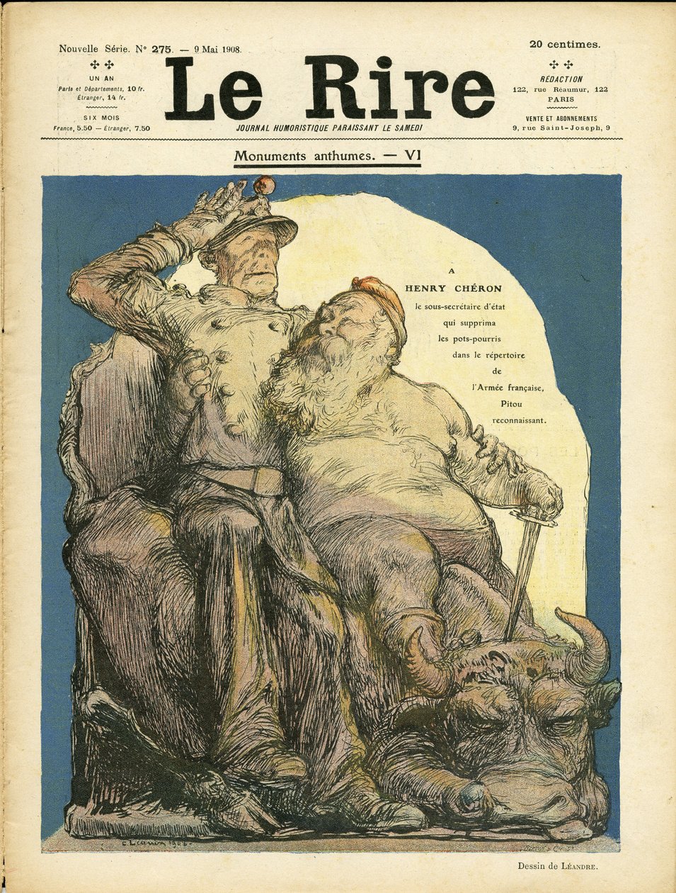 シャルル・レアンドル（1862-1934）のイラストが『Le Rire』誌の表紙に掲載されました（09/05/08） - Armee - Vache, Cherie Henry (1867-1936) 作： チャールズ・ランドレ
