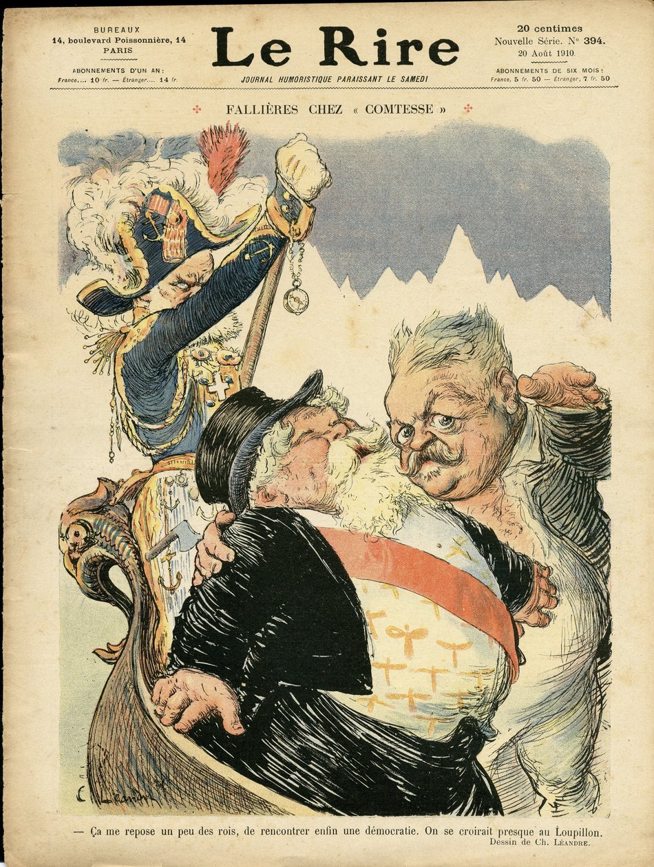 Le Rire誌の表紙を飾るCharles Leandre（1862-1934）のイラスト、20/08/10 - 伯爵夫人のファリエール - イタリア, 共和国大統領, シャポー, 身分証明書, ヴェネツィア - Fallieres Armand (1841-1931) 作： チャールズ・ランドレ
