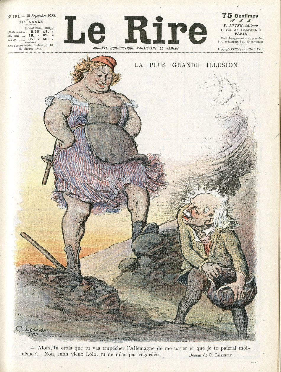 シャルル・ルアンドル(1862-1934)のイラストが「Le Rire」誌の表紙に掲載されました。 - 最高のイラスト - ドイツ プロイセン、イギリス グレートブリテン、賠償金 - マリアンヌ、デビッド・ロイド・ジョージ(1863-1945) - Trivialite 作： チャールズ・ランドレ