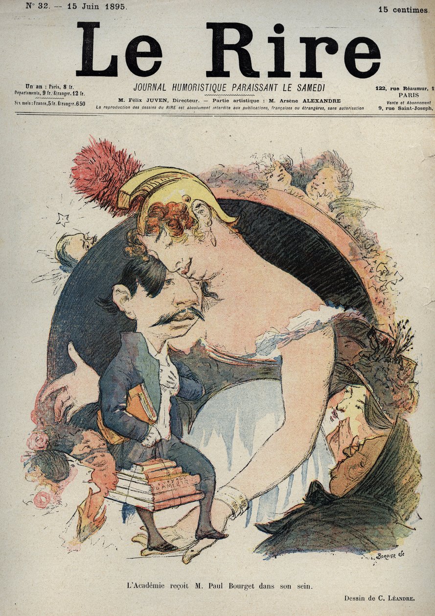 ポール・ブルジェ（1852-1935） フランスの作家 - アカデミー（仏）がポール・ブルジェを懐に抱く - 6月15日付「Le Rire」紙に掲載されたシャルル・レアンドル（1862-1934）による風刺画 作： チャールズ・ランドレ
