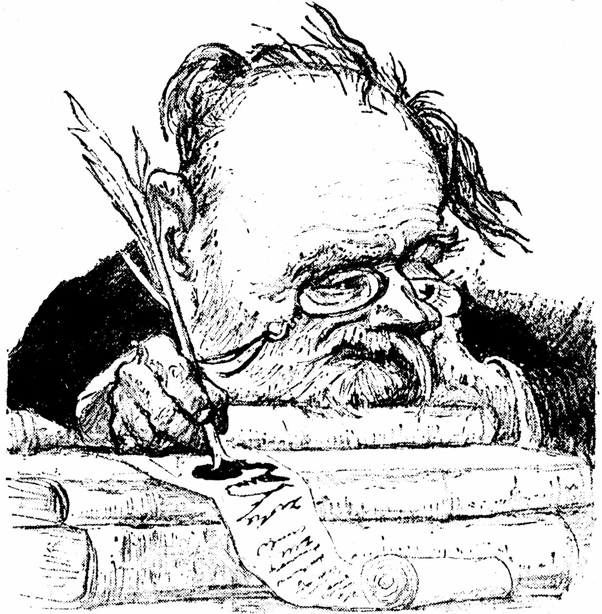 書き物をしているエミール・ゾラの肖像画（『Le Rire』掲載画像 作： チャールズ・ランドレ