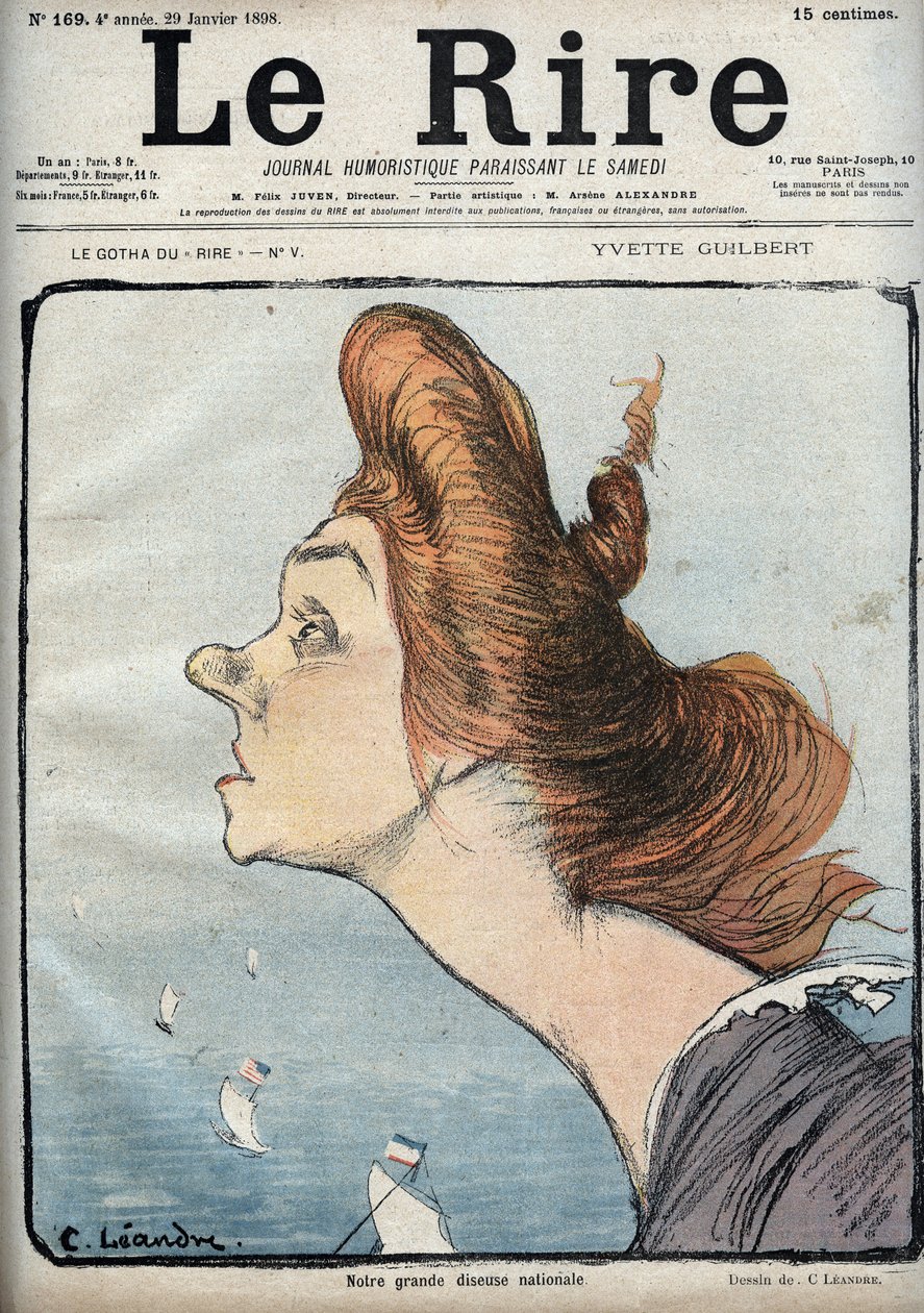 歌手イヴェット・ジルベール（1865-1944）の肖像 - シャルル・レアンドル（1862-1934）による漫画（1月29日付「Le Rire」紙）。 作： チャールズ・ランドレ