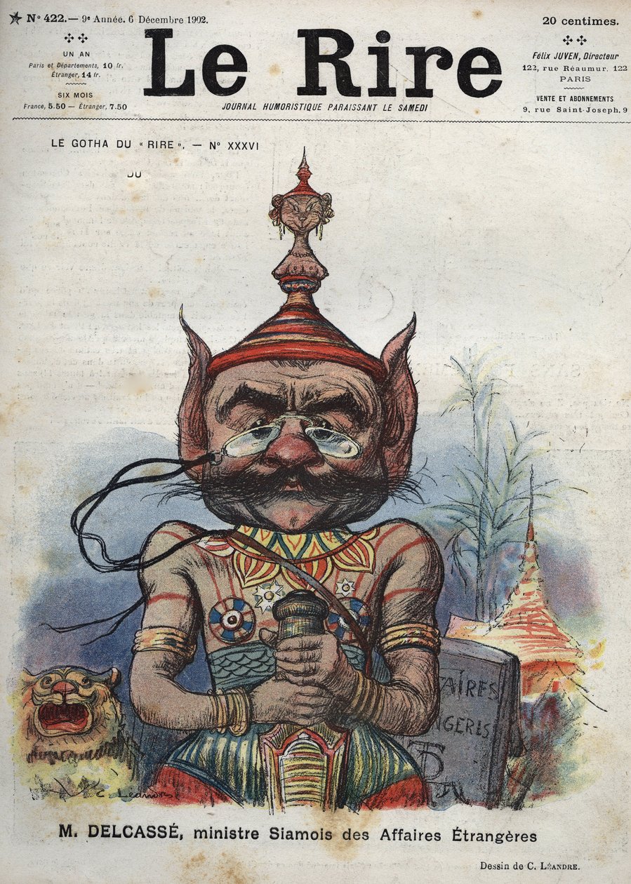 Theophile Delcasse (1852-1923), フランスの政治家 - Le Gotha du "Laughs", No.XXXXVI, M. Delcasse, Siamese Minister for Foreign Affairs - Cartoon by Charles Leandre - (1902年12月6日) 作： チャールズ・ランドレ