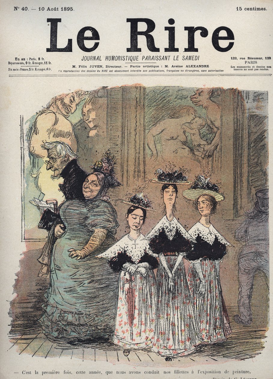 8月10日付の「Le Rire」紙に掲載されたシャルル・ルアンドル（1862-1934）の風刺画の絵画展に娘たちを連れて行くのは、今年初めてのことです。 作： チャールズ・ランドレ