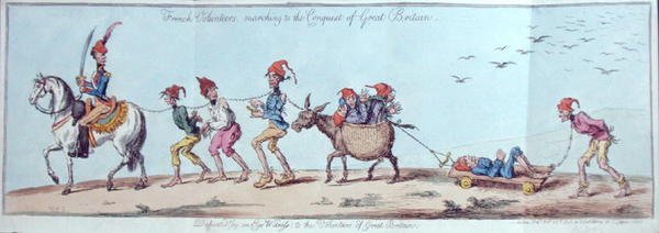 ジェームス・ギルレイ（1757-1815）がエッチングし、1803年にハンナ・ハンフリー社から出版された「グレートブリテンの征服に向けて行進するフランス人義勇兵」（手彩色のエッチング） 作： チャールズロレーヌ（後）スミス