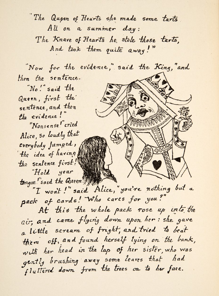 レッドクイーンは、パブのAlices Adventures Under Groundのイラストである「アリスに舌をかざす」と言っています。 1886（ファクシミリ） 作： チャールズ・ルトウィッジ・ドジソン