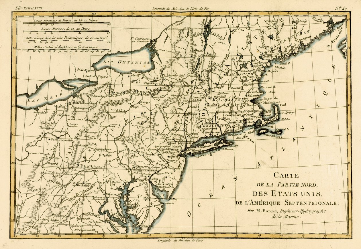 ギヨーム・レイナル著「地球のすべての既知の部分のアトラス」（1713-96）からアメリカの北東海岸、JLペレット、ジュネーブ、1780 作： チャールズ・マリー・リゴバート・ボン