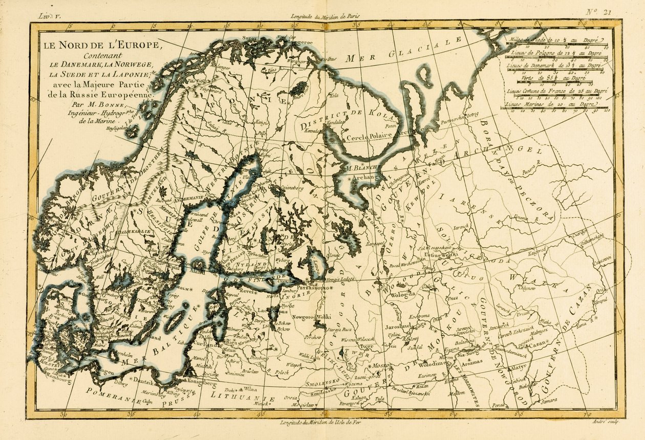 デンマーク、ノルウェー、スウェーデン、ラップランドを含む北ヨーロッパ、西ロシアの大部分は、Guillaume Raynal（1713-96）が発行したジュネーブ発行のAtlas de Toutes les Parties Connues du Globe Terrestreから、 作： チャールズ・マリー・リゴバート・ボン