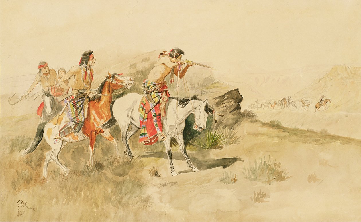 Muleteersへの攻撃、1895年頃（紙に鉛筆とトイレ） 作： チャールズ・マリオン・ラッセル