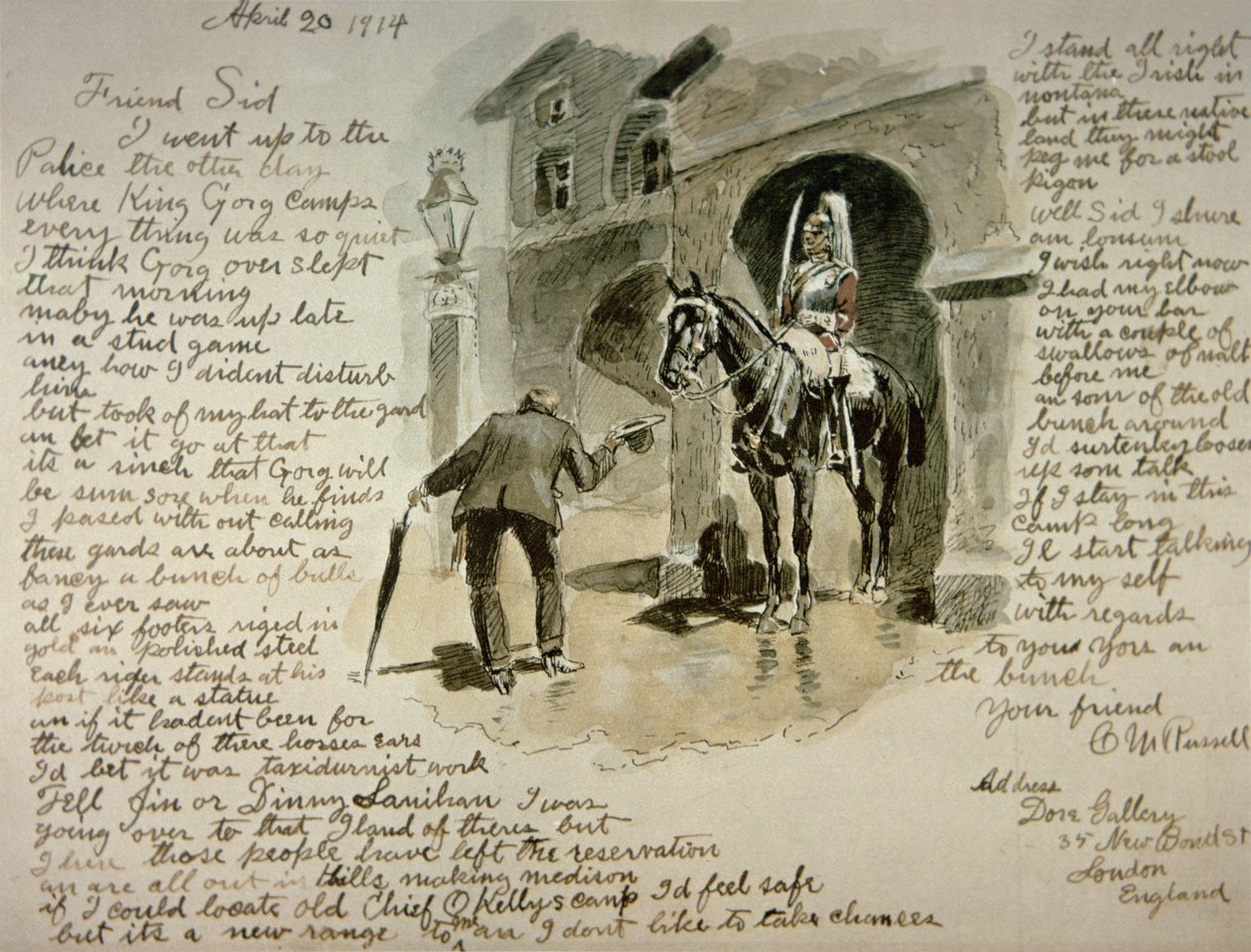 イラスト入りの手紙、1914年4月20日（紙にペンとインク、ウォッシュ 作： チャールズ・マリオン・ラッセル