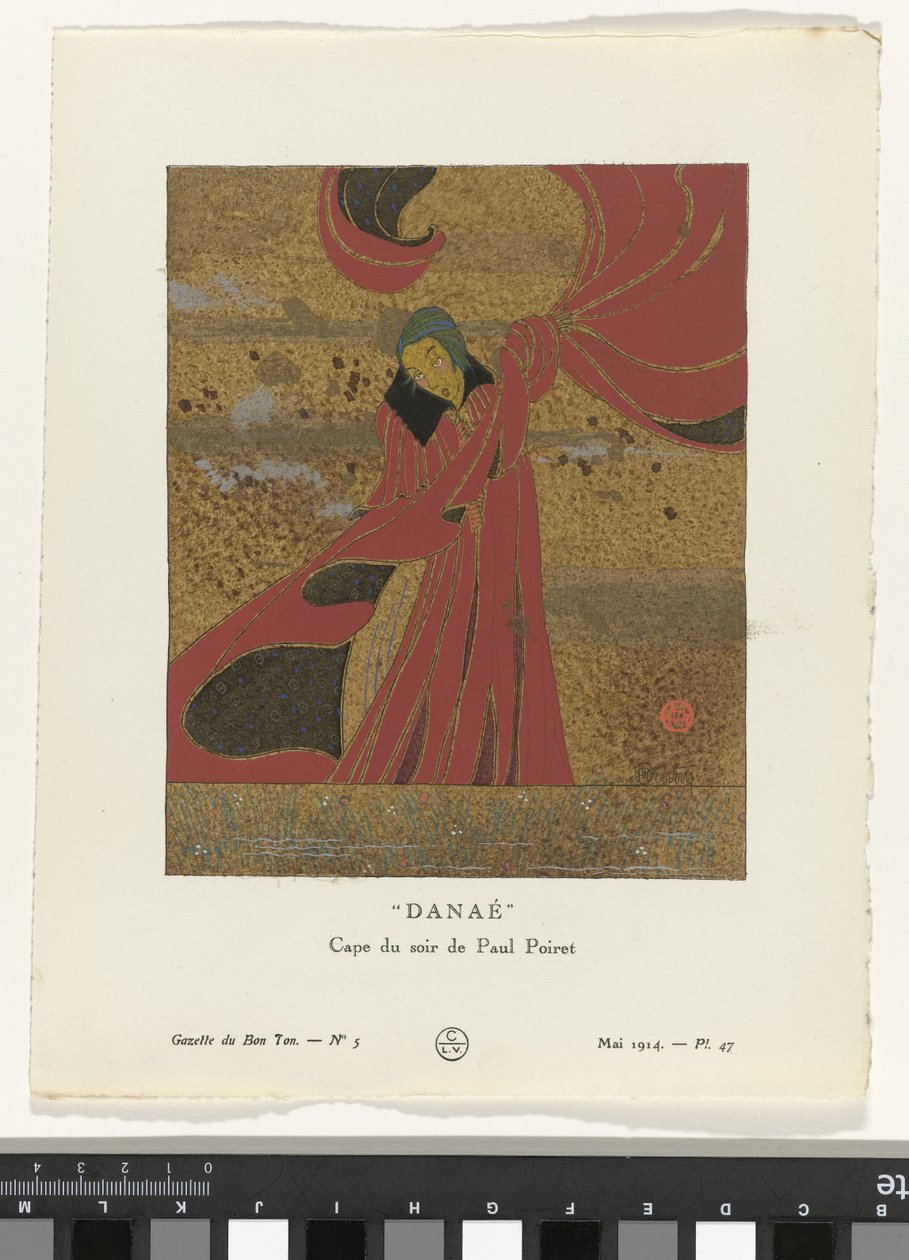 Gazette du Bon Ton、1914 - No. 5、Pl. 47: ダナエ / イブニング ケープ ポール ポワレ (オブジェクトのタイトル) 作： チャールズ・マーティン