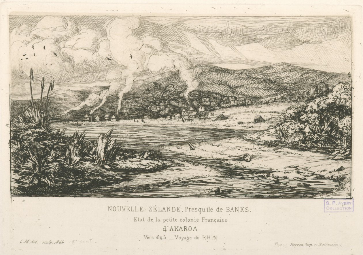 フランスの小さな植民地アカロアの様子、「Etchings of the Pacific...」からのイラスト。 作： チャールズ・メリヨン