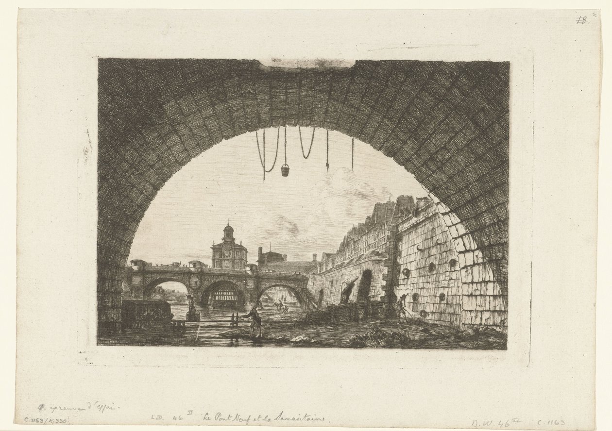 Gezicht op Pont-Neuf van onder boog Pont-au-Change in Paris ポン・オ・チェンジの最初のアーチの下から見たポン・ヌフとサマリテーヌ 作： チャールズ・メリヨン