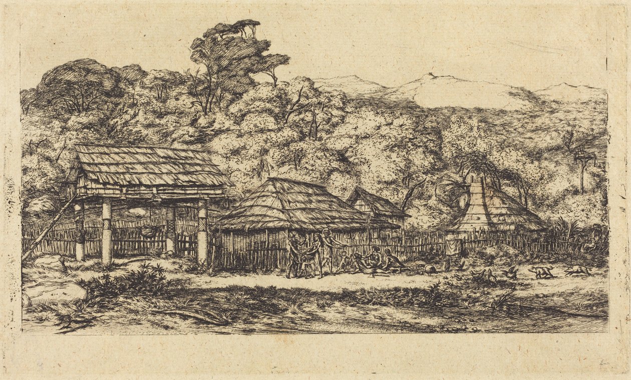 アカロア、バンクス半島の先住民の納屋と小屋、1845年 作： チャールズ・メリヨン