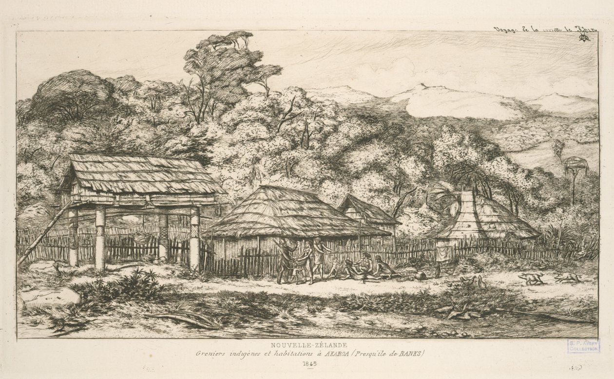 バンクス半島アカロアの先住民の穀倉と住居、「Etchings of the Pacific」のイラスト 作： チャールズ・メリヨン