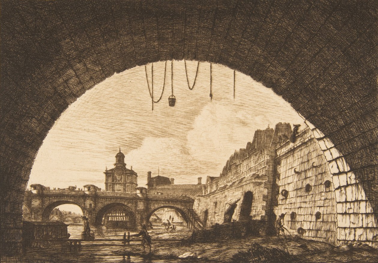 Pont-au-Change Pont-neuf の最初のアーチの下から見た Pont-neuf と Samaritaine...、1855 年。 作： チャールズ・メリヨン