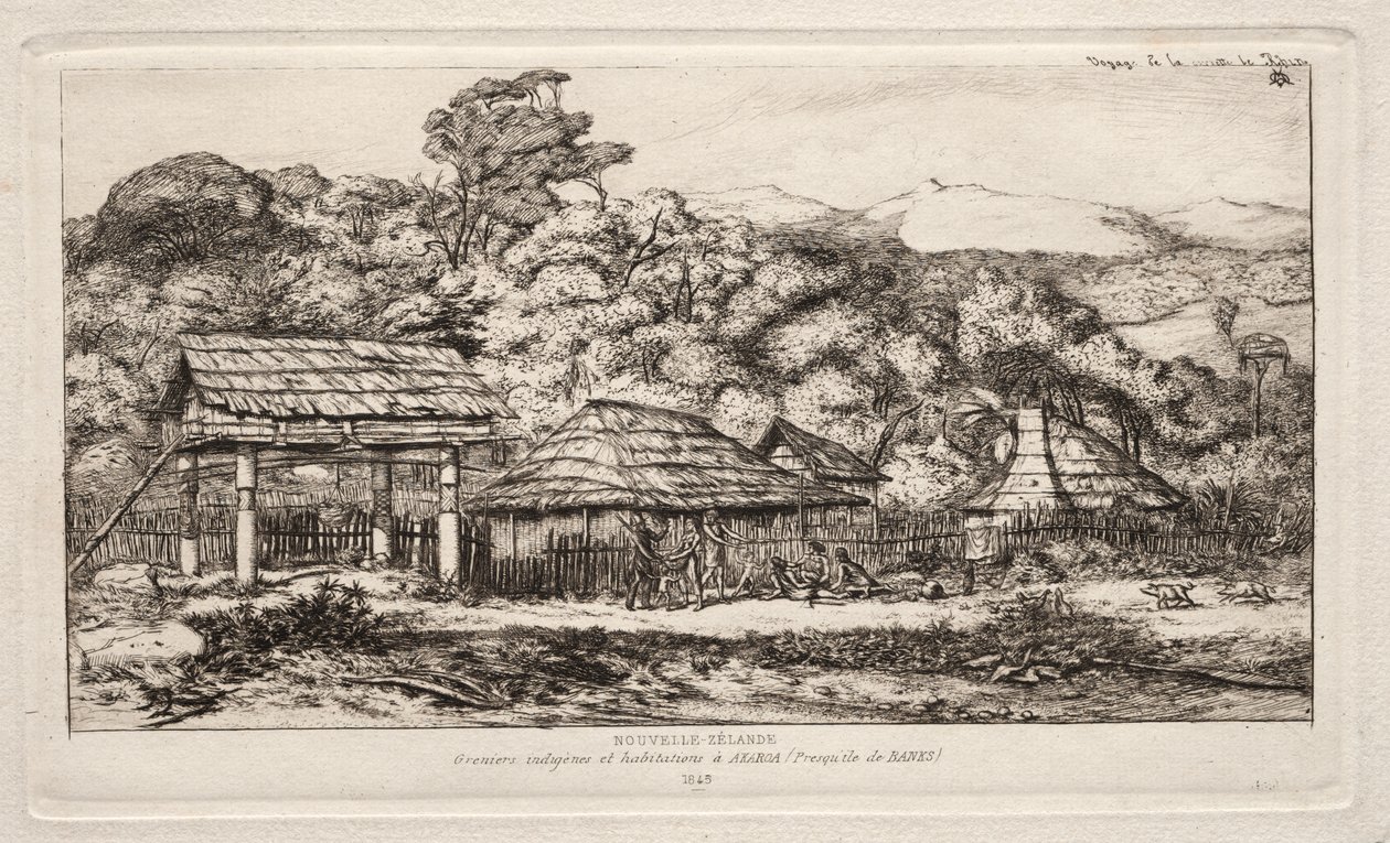1845年、バンクス半島のアカロアにある原住民の納屋と小屋 作： チャールズ・メリヨン