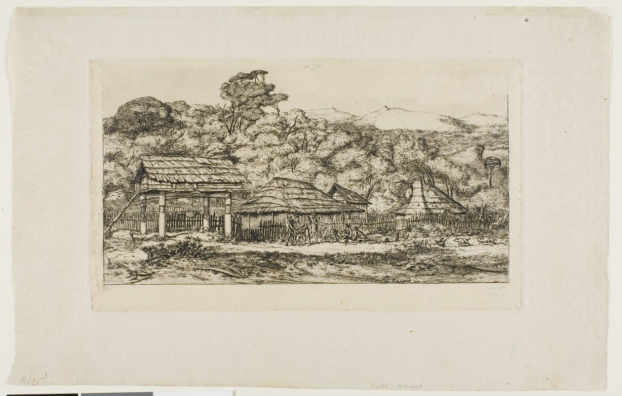 バンクス半島、アカロアの先住民の納屋と小屋（1845年 作： チャールズ・メリヨン
