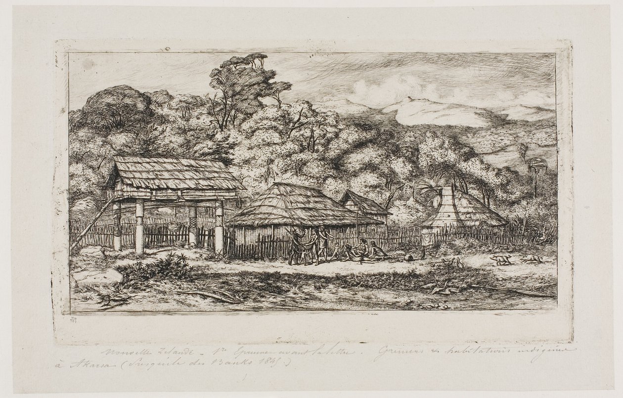 バンクス半島、アカロアの先住民の納屋と小屋（1845年 作： チャールズ・メリヨン