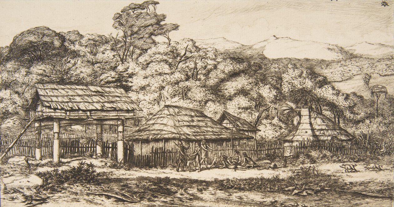 バンクス半島のアカロアにある原住民の納屋と小屋、1845 年、1860 年。 作： チャールズ・メリヨン