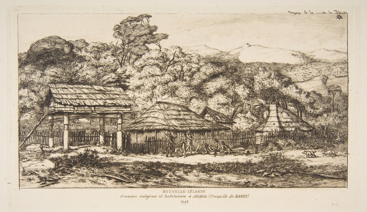 アカロア、バンクス半島の先住民の納屋と小屋、1845年、『ニュージーランドへの航海（1842-46年）』より 作： チャールズ・メリヨン