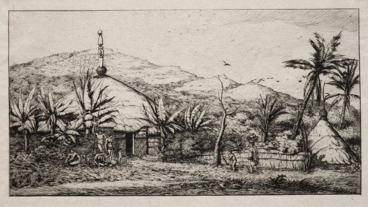 ニューカレドニア：バラデからプエボへの道にある大きな原住民の小屋、1845年 作： チャールズ・メリヨン