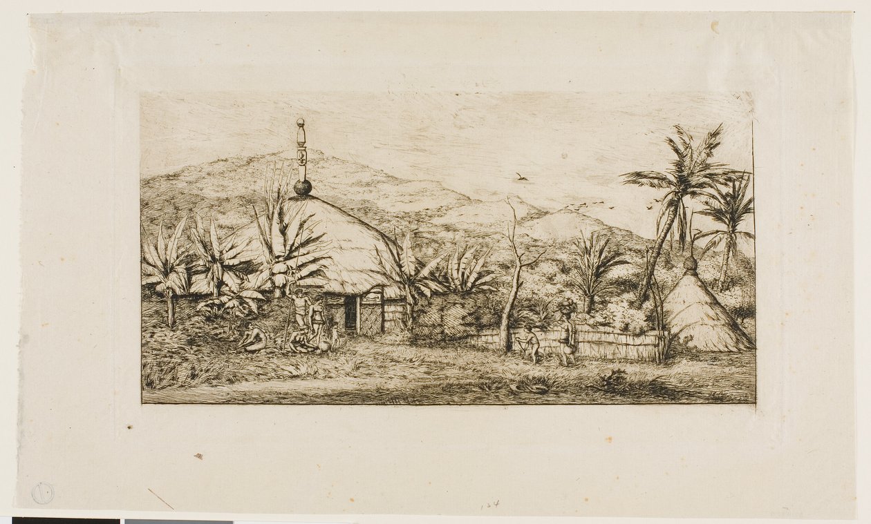 ニューカレドニア：バラデからプエポへの道にある大きな原住民の小屋、1845年 作： チャールズ・メリヨン