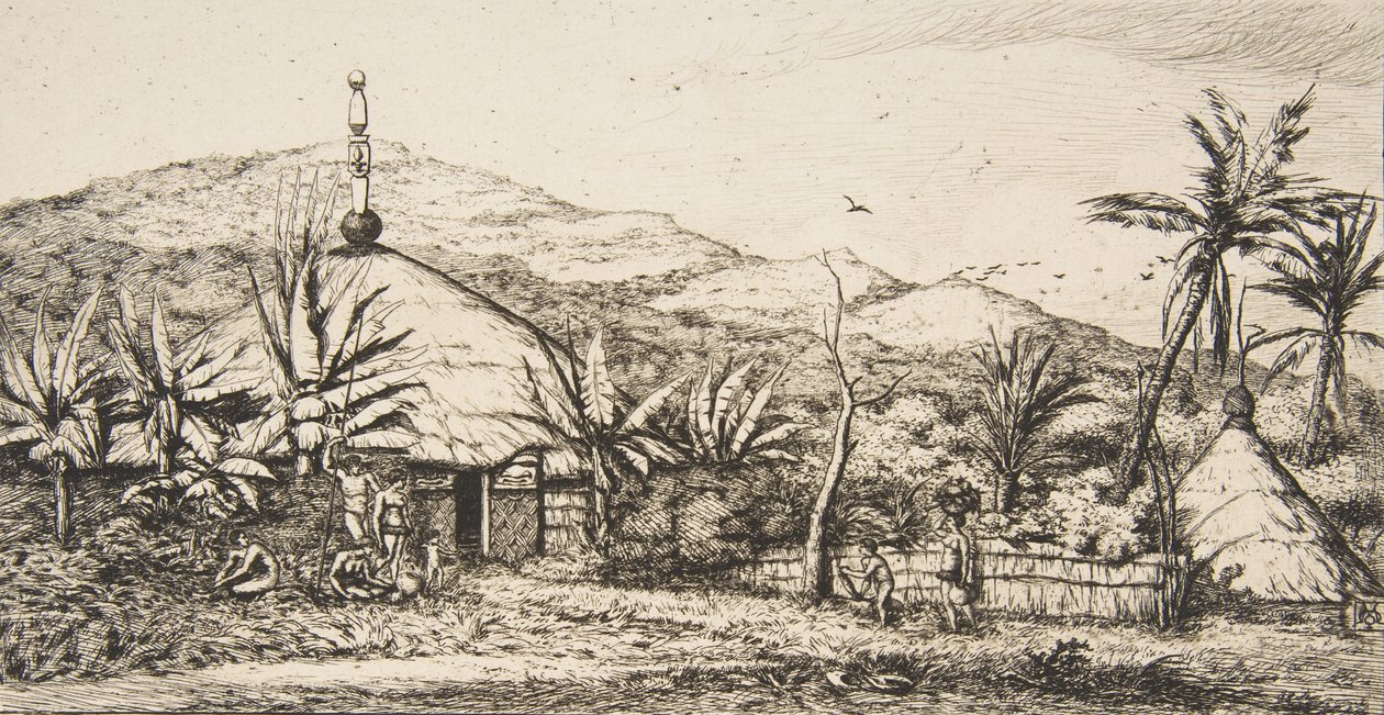 ニューカレドニア: バラデからプエボへの道にある大きな原住民の小屋、1845 年、1863 年。 作： チャールズ・メリヨン