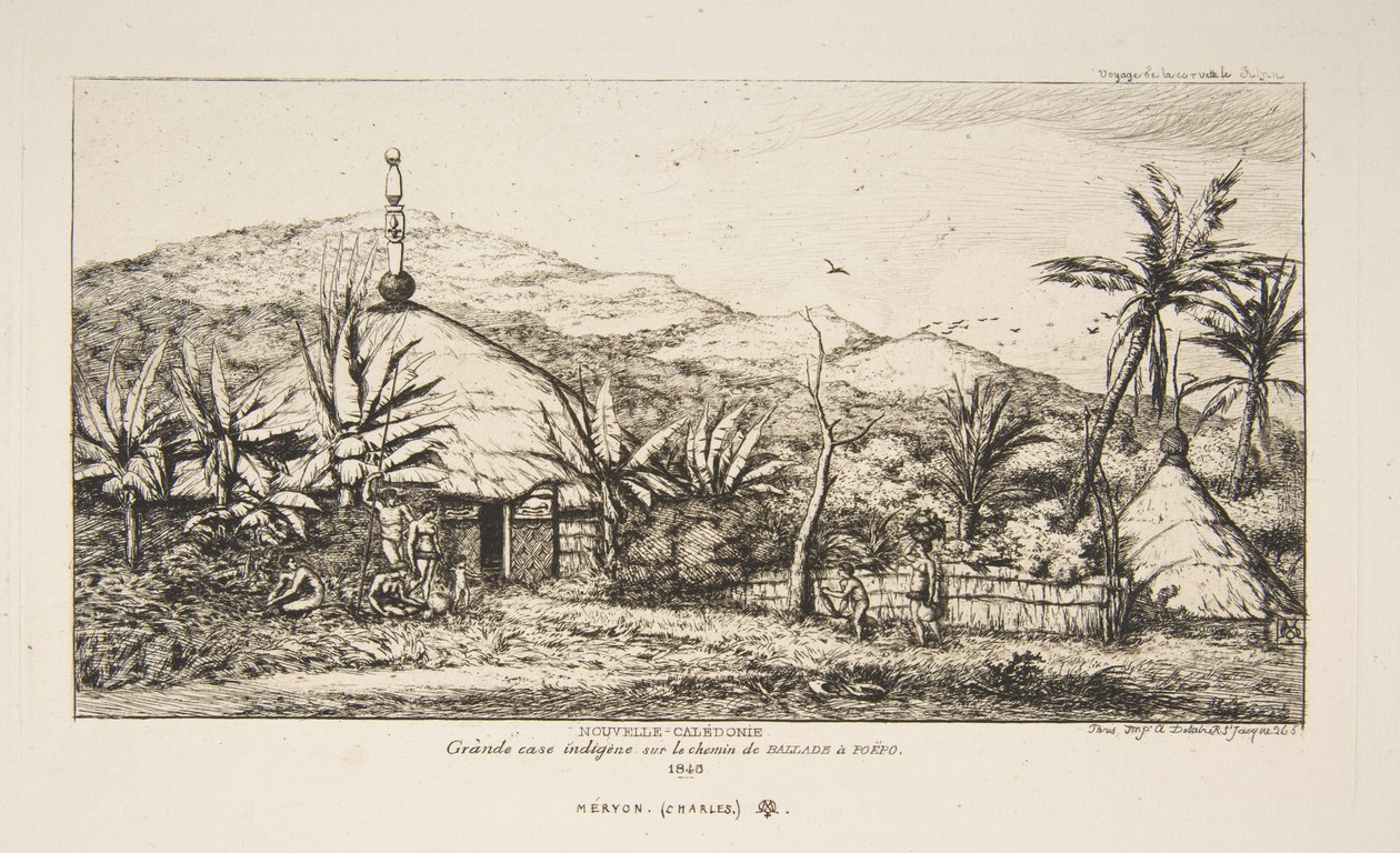 ニューカレドニア：バラドからプエボへの道にある大きな先住民の小屋、1845年、『ニュージーランドへの航海（1842-46）』より 作： チャールズ・メリヨン