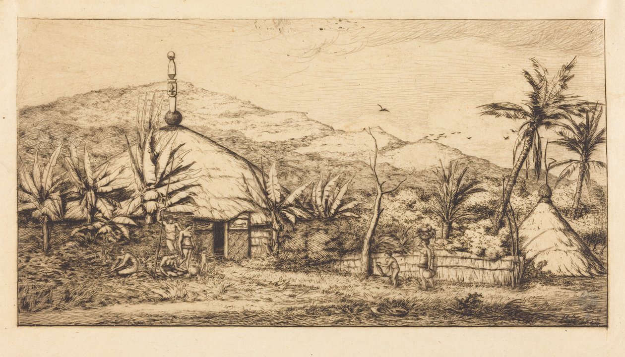 ニューカレドニア：ポエポへのバラード街道沿いにある大きな先住民の小屋、1845年（New Caledonia: Large Native Hut on the Road from Balade to Puebo, 1845） 作： チャールズ・メリヨン