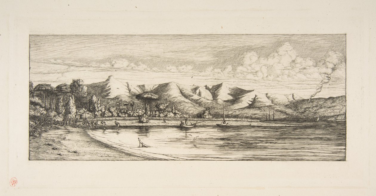 バンク半島、ポワント・デ・シャルボニエ、アカロア（1845年、バンク半島アカロアのコリアーズ・ポイント沖でのセイン漁）、『ニュージーランドへの航海（1842–46）』より 作： チャールズ・メリヨン