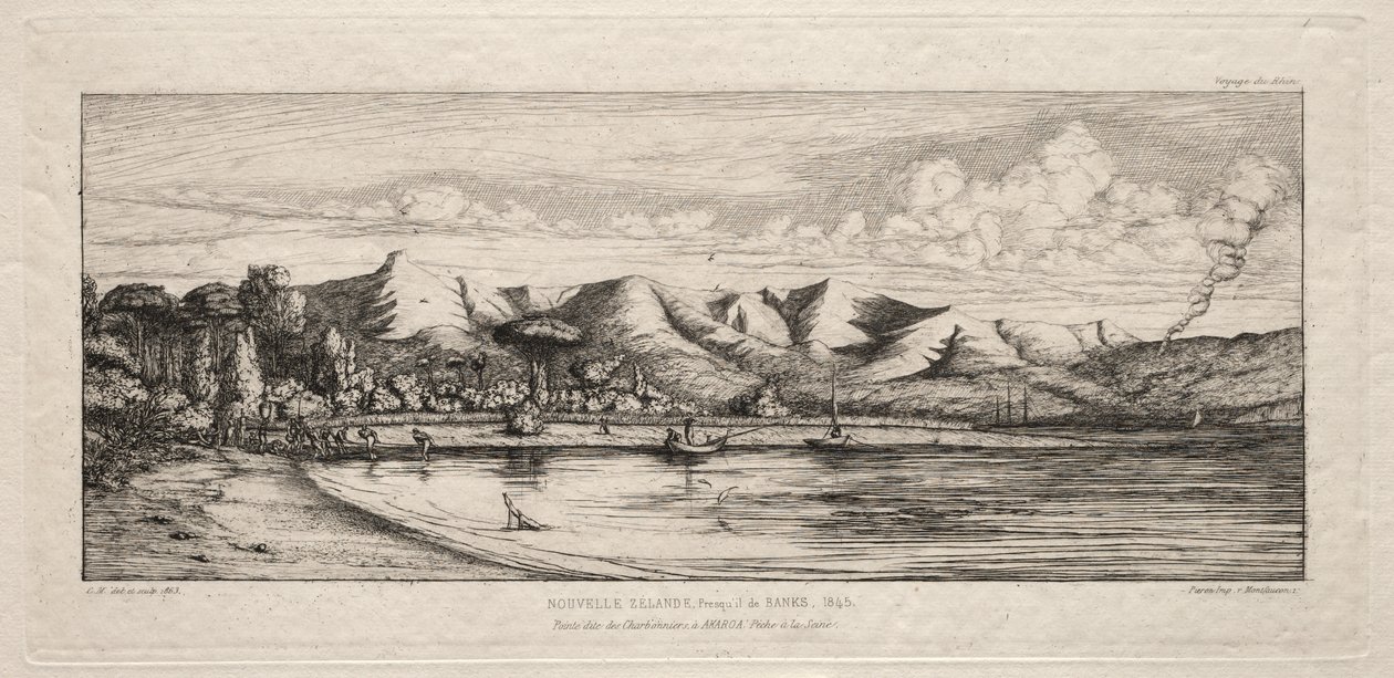 1845年、バンクス半島、アカロア、チャコール・バーナーズ・ポイント沖のセーヌ釣り 作： チャールズ・メリヨン