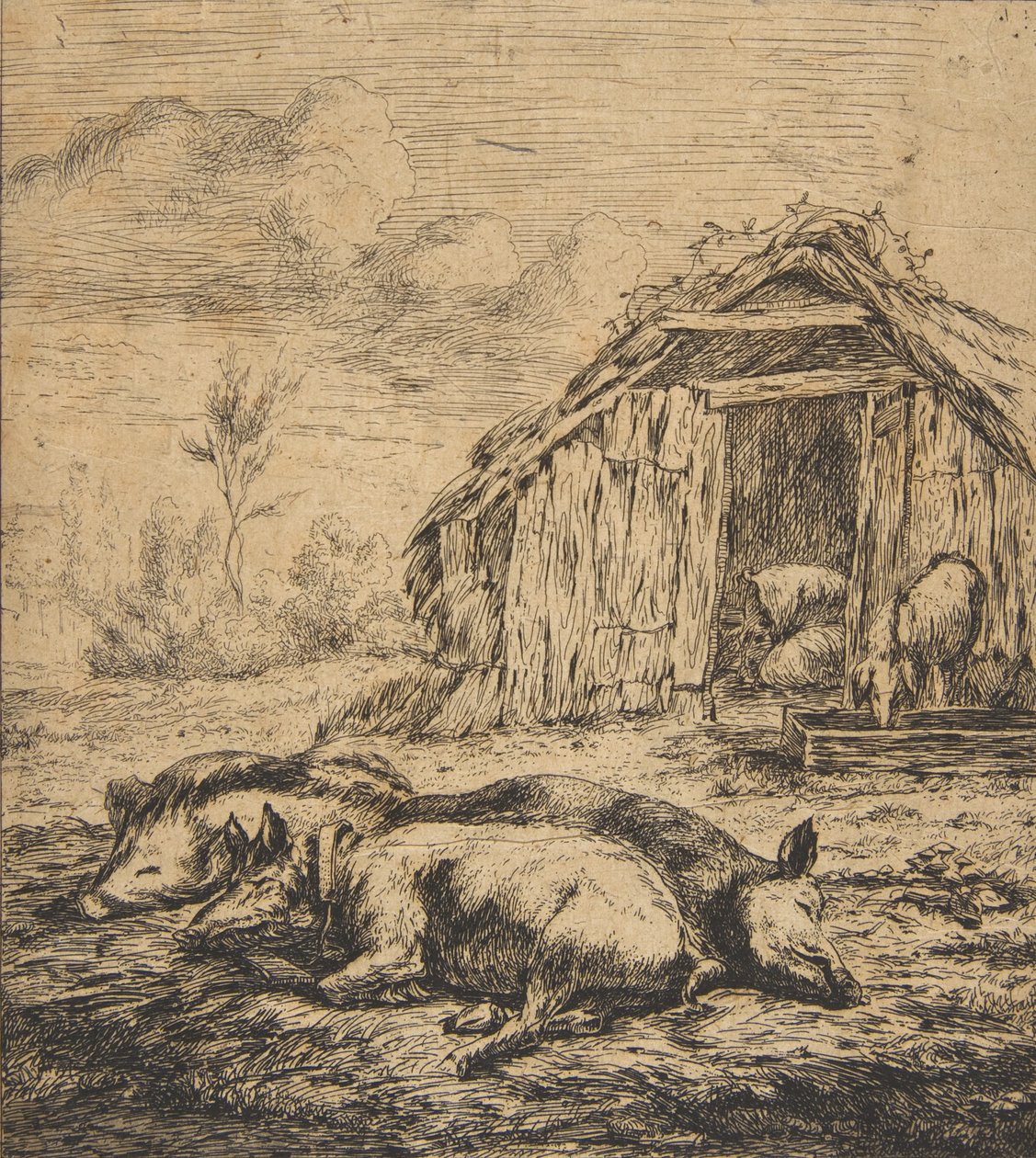 小屋の前に横たわる 3 匹の豚、1850 年。 作： チャールズ・メリヨン