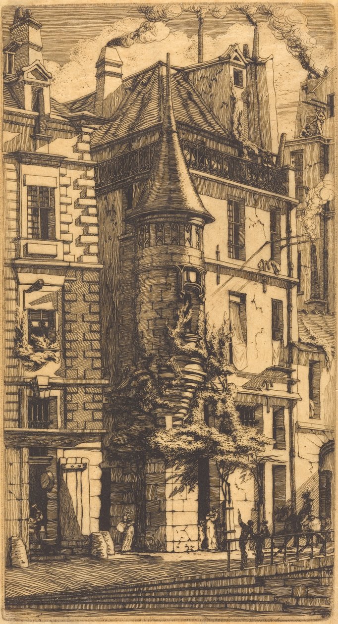Rue de la Tixéranderie、パリの小塔 (パリ、ウィーバーズ ストリート、小塔のある家) 作： チャールズ・メリヨン