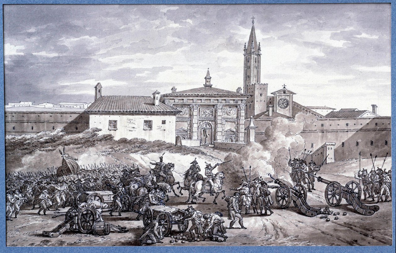イタリアのキャンペーン"Napoleon Bonaparte (1769-1821) and marechal Augereau set a door of Verona in Italy with a cannon in 1796" Charles Meynier (1768-1832)に帰属するペンによるドローイング。薄さ0.25x0.4m パリ、ルーヴル美術館 作： シャルル・マニエ