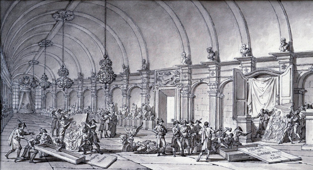 ナポレオン・ボナパルト政権下での美術品の略奪。アントニオ・コレッジョの「コレッジの聖母」は、1796年5月にパルマのアカデミーから持ち出され、フランスの学芸員に引き渡されました。シャルル・メニエ（1768-1832）の墨によるドローイング。薄い。0.17×0.32メートル 作： シャルル・マニエ