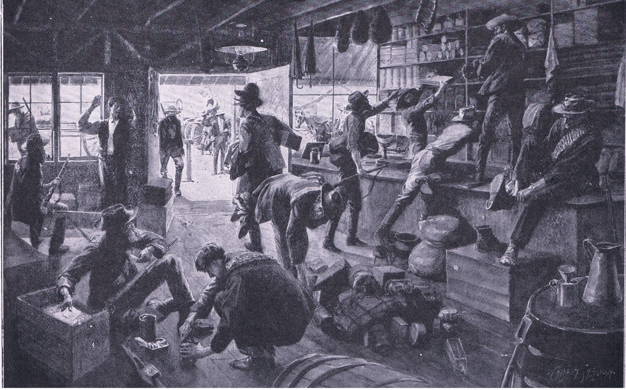 グランジ川の敷地内の商店を略奪するボーアーズ、イラスト「After Pretoria：The Guerilla War、1902」 作： チャールズ・ミルズ・シェルドン