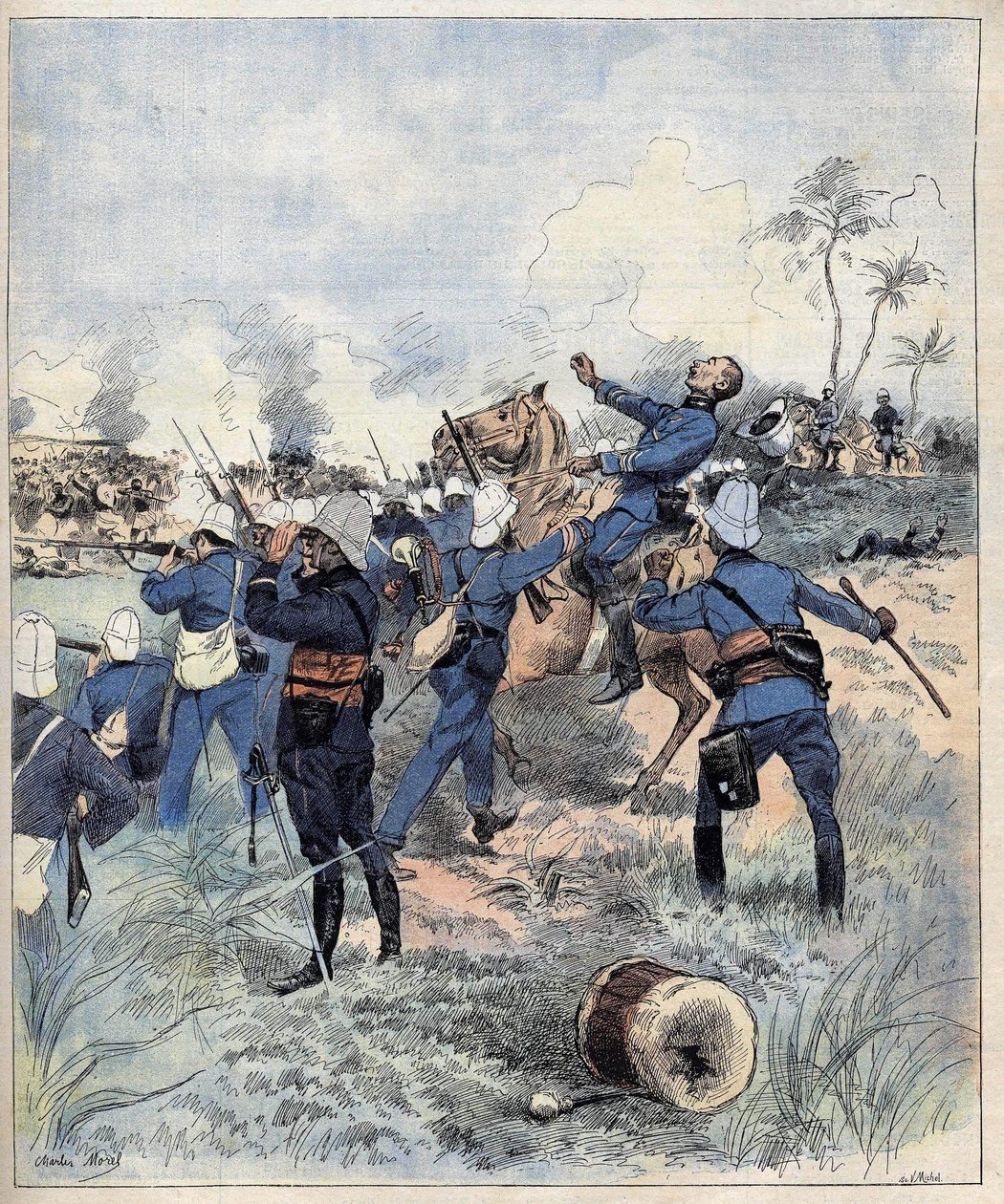 司令官フォーラクスは、1892年のアケレル・ド・モレルの後、1892年9月19日にダホメー（現ベナン）で行われたドグバの戦いで戦死した。 作： チャールズ・モレル