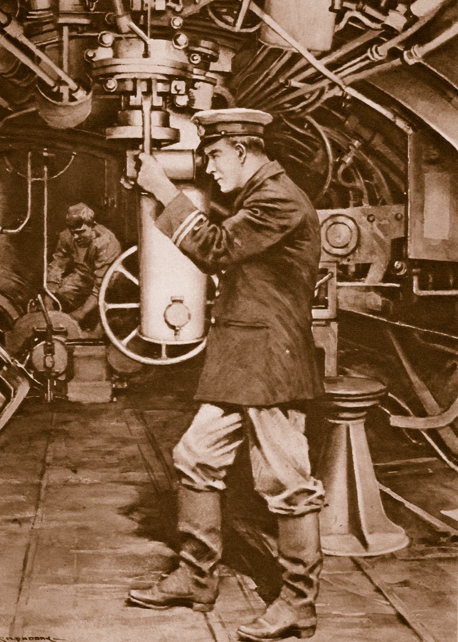 敵の目標を見つけるために潜望鏡を調べるイギリスの潜水艦士官 作： チャールズ・マレー・パディ