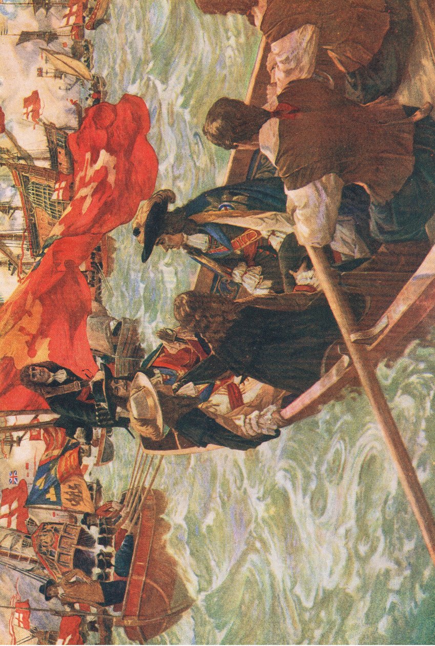 1940年頃、ウェーヴァリー社発行の『英国人の歴史』より、チャールズ2世の来日時の挿絵（カラーリトグラフ）。 作： チャールズ・マレー・パディ