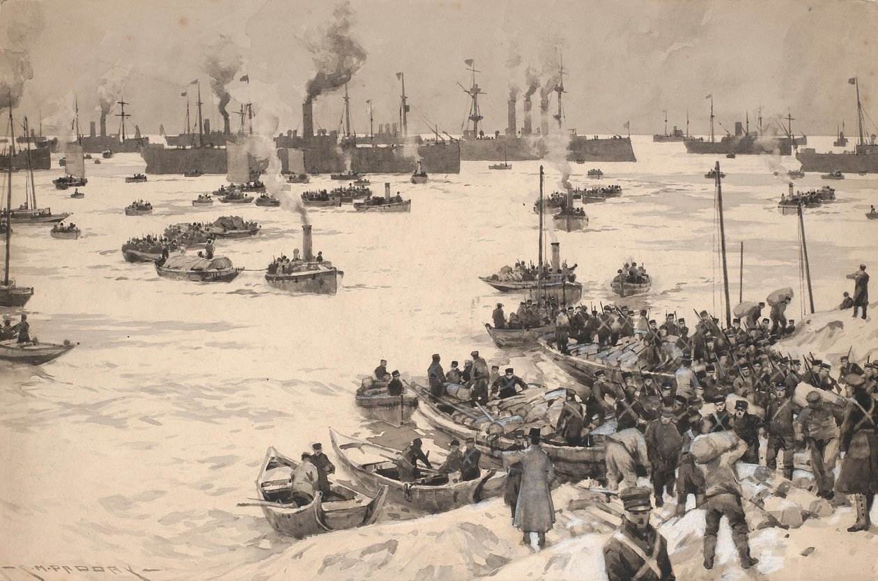 1905年、朝鮮半島に上陸した日本軍。素描と水彩（30.1x45.6cm） チャールズ・M・パッドデイ（？ 作： チャールズ・マレー・パディ