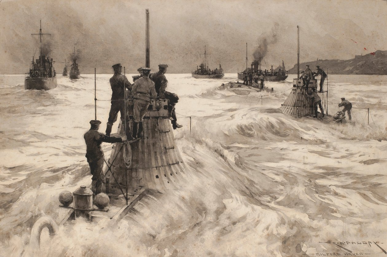 ミルフォード・ヘイヴン（イギリス）を出港するイギリスの新型潜水艦。素描と水彩（30.4x45.5cm） チャールズ・M・パッドデイ（？ 作： チャールズ・マレー・パディ
