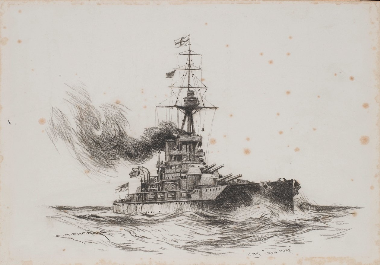 英国船アイアン・デューク号。チャールズ・M・パッドデイ()による素描(25.5x36.8cm)、20世紀初頭。 作： チャールズ・マレー・パディ
