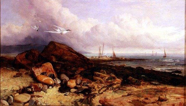 漁船とアジサシのいる海岸の風景 作： チャールズ・ネイピア・ヘミー
