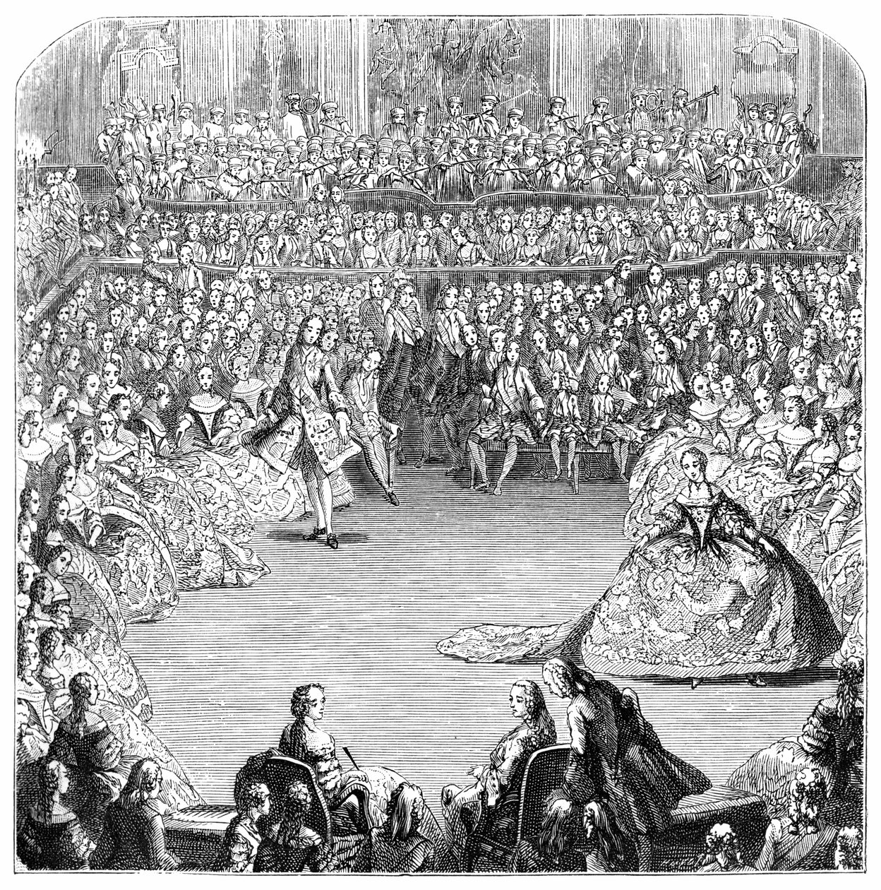 メヌエットダンサーと王、1754年、1885年。 作： チャールズ・ニコラス・コーチン