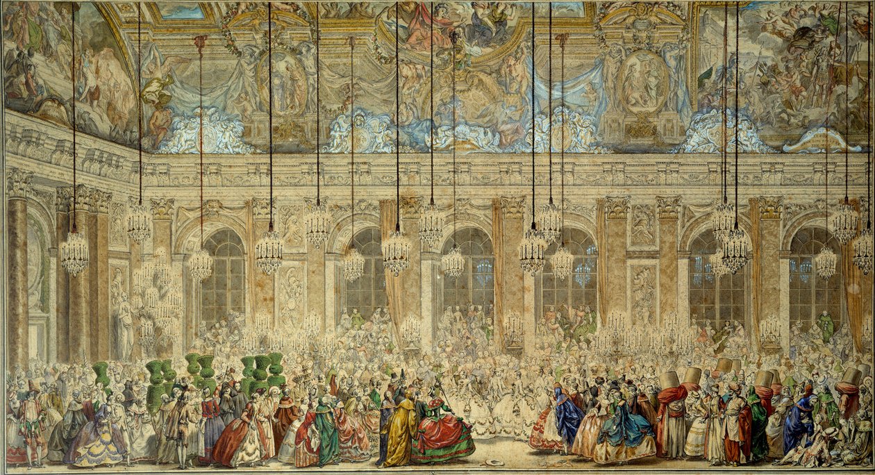 Maskenball oder Ball der Ifs für die Hochzeit von Louis Dauphin von Frankreich mit Marie Therese von Spanien in der Spiegelgalerie in Versailles im Februar 1745 (Zeichnung) von Charles Nicolas II Cochin